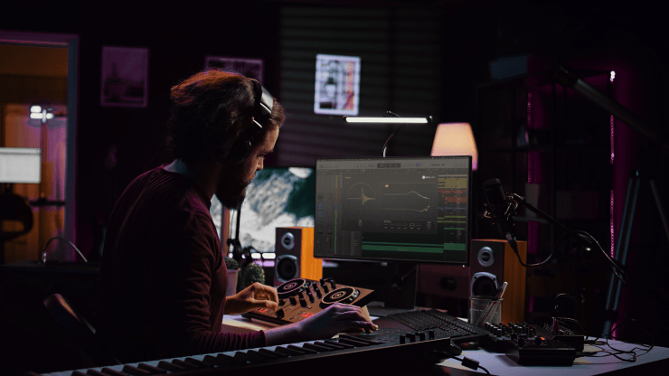 Un producteur de musique en train de travailler dans un studio, ajustant des paramètres sur un écran d'ordinateur tout en écoutant avec des écouteurs.