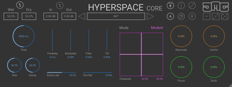 Interface utilisateur du plugin de réverbération HyperspaceCore, montrant des contrôles tels que Wet/Dry, In/Out et des paramètres ajustables comme le temps, la taille et le filtre.