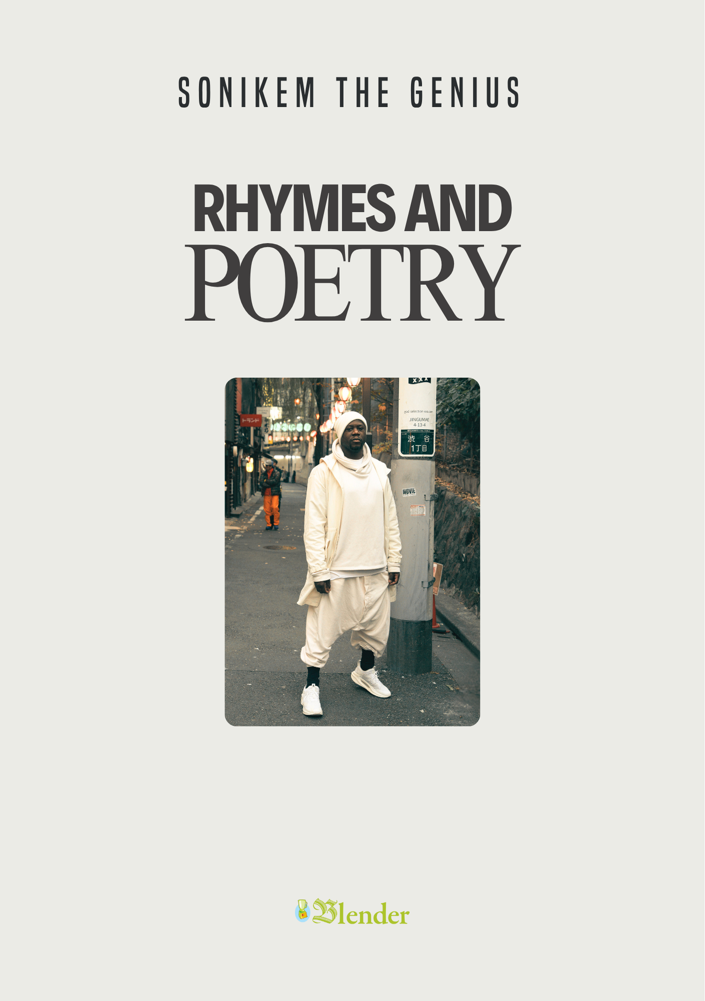 Couverture du livre "Rhymes and Poetry" de Sonikem The Genius, avec un homme portant un ensemble clair dans une rue urbaine.