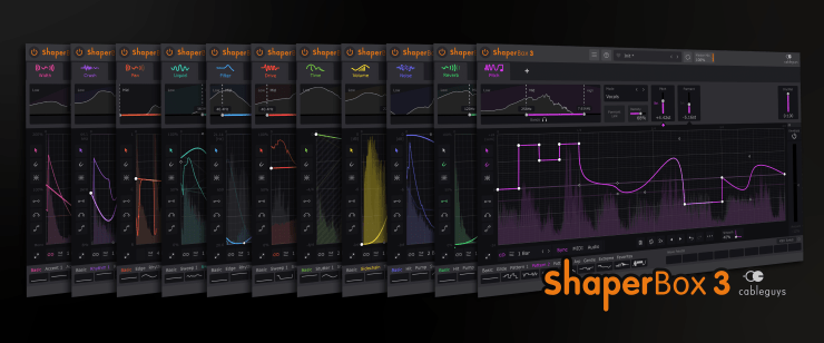 Interface utilisateur du plugin ShaperBox 3 de Cableguys, affichant divers modules et graphiques de contrôle en temps réel pour le traitement audio.