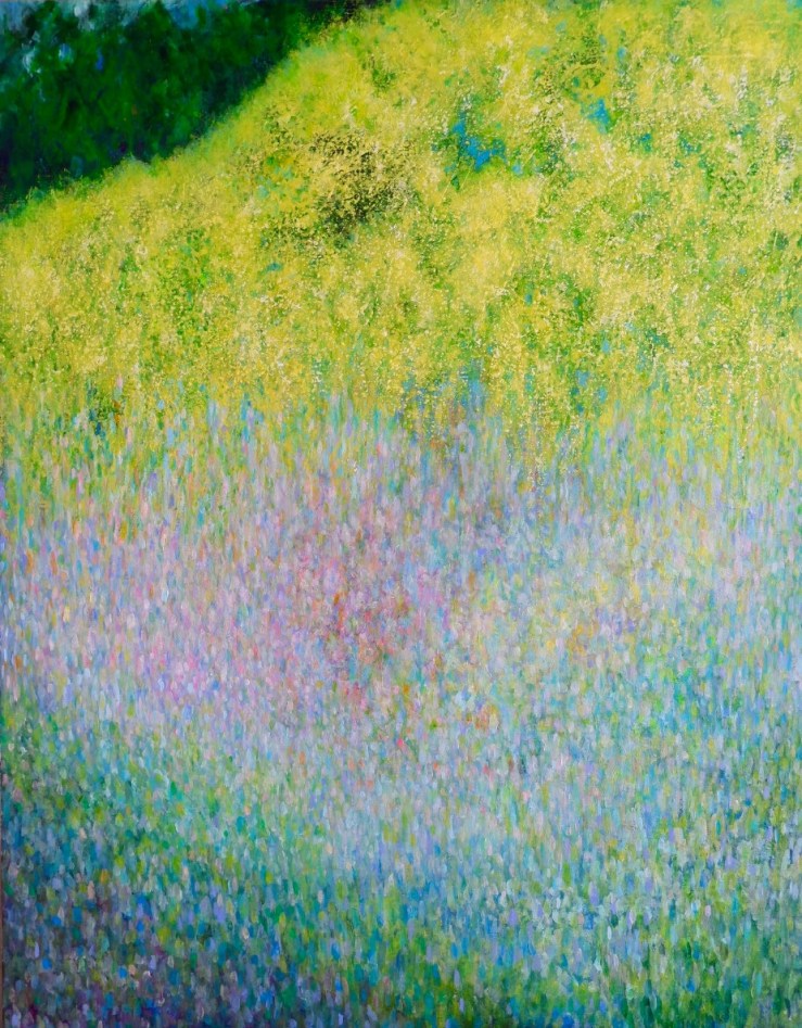 Peinture abstraite aux couleurs vives évoquant un paysage floral, avec des nuances de jaune, vert et bleu, créant une atmosphère paisible et rêveuse.