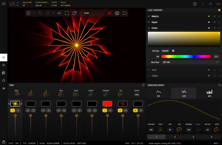 Interface utilisateur de VS 2 montrant un motif visuel dynamique en rouge et jaune, avec des éléments de contrôle pour la modulation.
