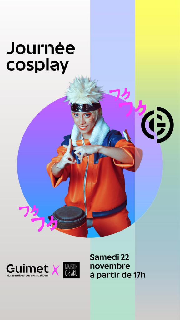 Affiche pour la journée cosplay au musée Guimet, présentant un cosplayer en costume orangé et perruque blanche, avec des éléments graphiques colorés.