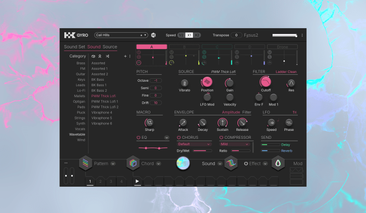 Interface utilisateur du plugin audio Gyro, montrant des contrôles pour pitch, source, filtre et effets, sur un fond aux couleurs pastel.