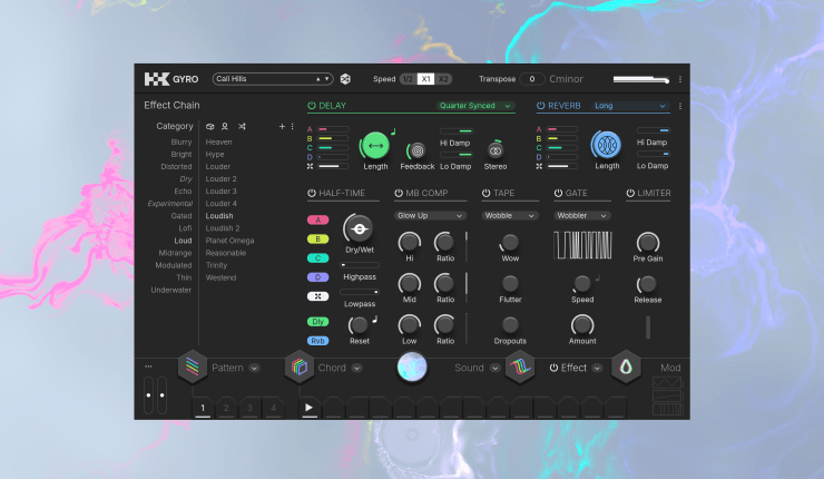 Interface utilisateur de Gyro montrant des contrôles d'effets et une visualisation fluide, avec un arrière-plan coloré.