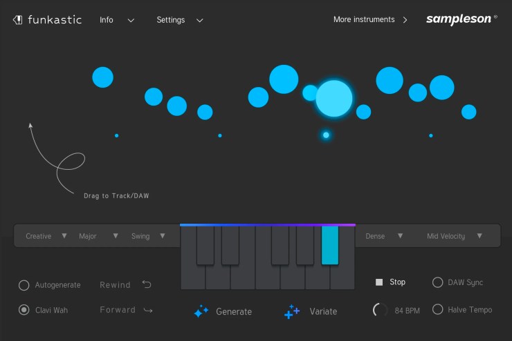 Interface utilisateur du plugin Funkastic de Sampleson, montrant des options de génération musicale avec des boutons pour générer des riffs funk et des contrôles MIDI.