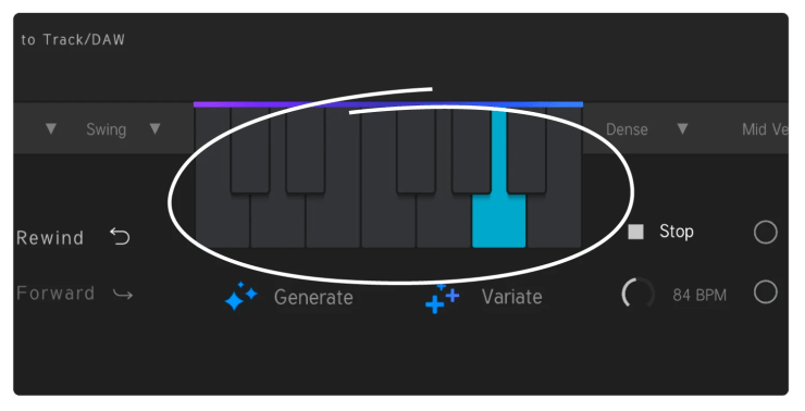 Interface utilisateur du plugin Funkastic montrant les contrôles pour générer et variação de riffs musicaux, avec des touches de piano en arrière-plan.
