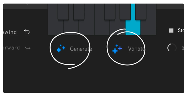 Interface du plugin Funkastic affichant les boutons 'Generate' et 'Variate' sur fond sombre avec des touches de piano.