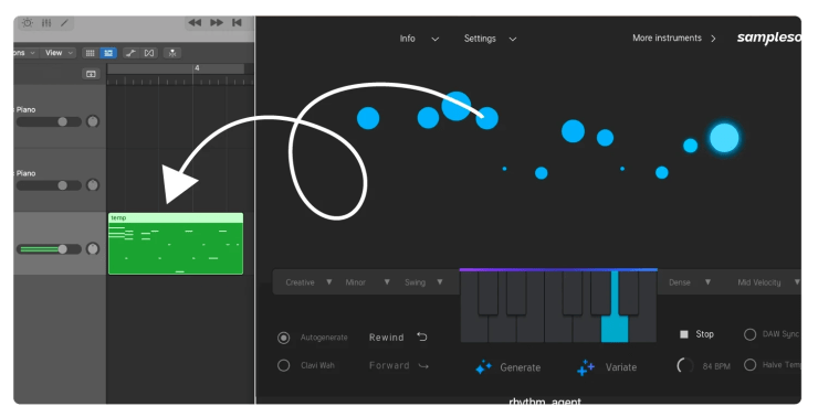 Interface utilisateur du plugin Funkastic avec une séquence MIDI visible et des options de réglage, y compris des boutons pour générer et varier les grooves.