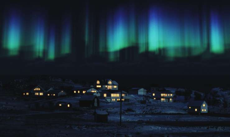 A picturesque snowy village under a vibrant display of the northern lights, with glowing windows of houses against a dark sky.