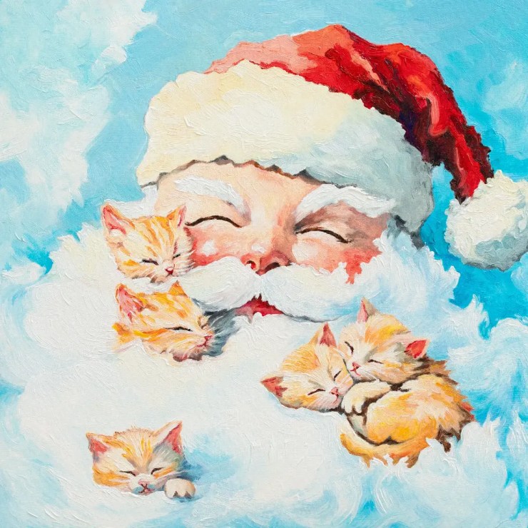 A whimsical painting of Santa Claus's face surrounded by fluffy clouds, with three sleeping orange kittens nestled in his white beard.