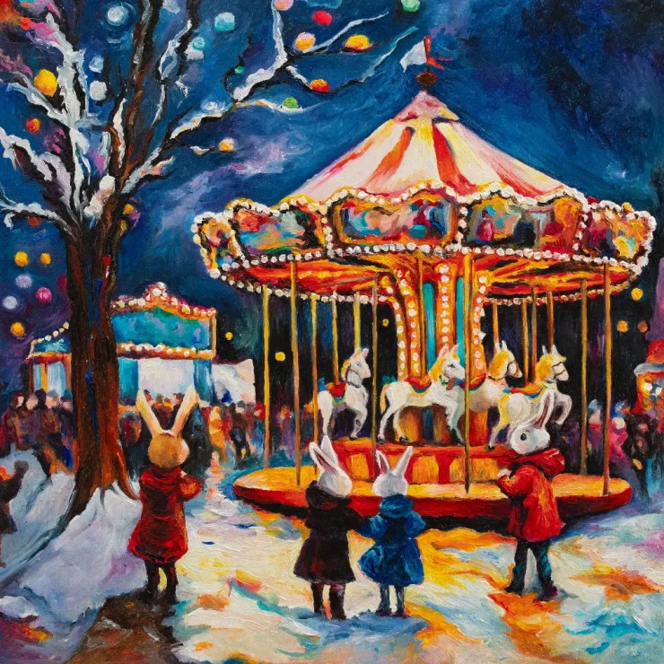 A whimsical winter scene featuring a brightly lit carousel with white horses, surrounded by snowy ground and colorful lights. Several rabbit-costumed children admire the carousel while a festive atmosphere fills the night sky.