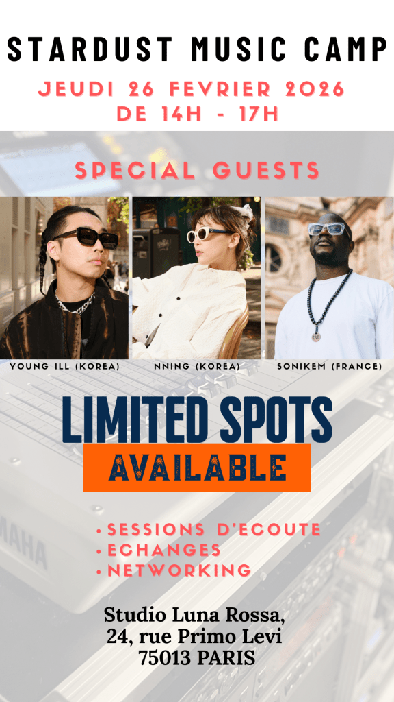 Promotional poster for Stardust Music Camp featuring event details, special guests Young Ill, Nning, and Sonikem, and information about limited spots available for sessions, exchanges, and networking.