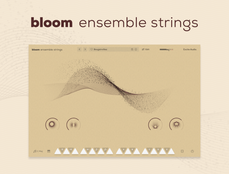 Graphic user interface of the 'bloom ensemble strings' software, featuring a beige color scheme, a wavy line graphic, and various control elements including buttons and sliders.