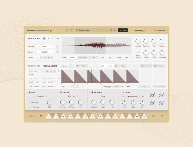 A digital audio workstation interface displaying the 'bloom ensemble strings' plugin. It features sections for sample editing, modulation sequencer, delay and reverb controls, and global settings, all designed with a light color scheme and organized layout.