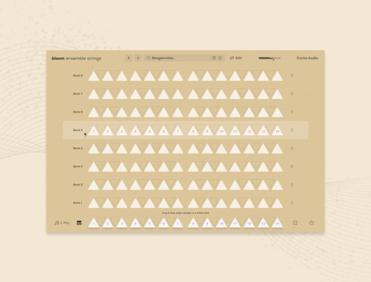 A digital interface displaying a music composition tool called 'bloom ensemble strings', featuring several banks represented by triangles for audio sample manipulation.