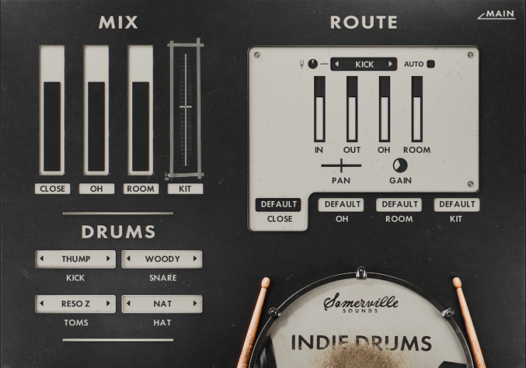 A digital drum mixer interface displaying controls for mixing and routing drums, including sliders for close, overhead, room, and kit settings, along with buttons for adjusting individual drum sounds like kick, snare, and toms.
