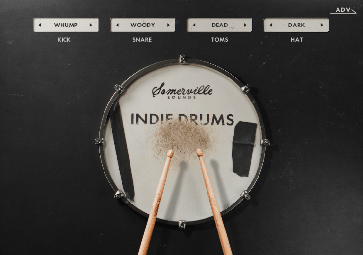 Close-up of a drum pad labeled 'Indie Drums' from Somerville Sounds, featuring drumsticks resting on it and various control buttons above.