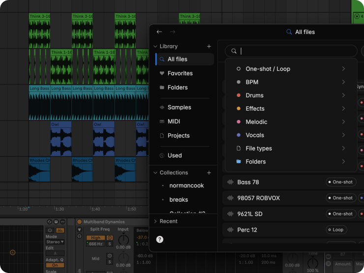 Screenshot of a digital audio workstation interface displaying a music project with various audio tracks and a file library sidebar showing different categories and samples.