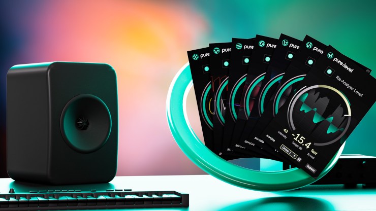 A black subwoofer speaker next to a keyboard, with colorful sound analysis displays in a circular layout, set against a gradient background.