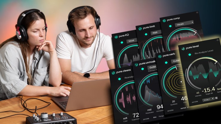 Man and woman wearing headphones, focused on a laptop screen displaying audio editing software with various controls and visualizations.