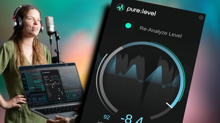 A woman with long hair wearing headphones stands in front of a microphone, singing. In the foreground, a laptop displays a music production software interface showing audio levels and waveforms.