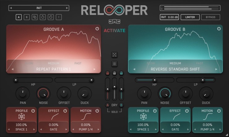 Digital audio plugin interface displaying two groove sections labeled Groove A and Groove B with various control knobs and parameters for audio manipulation.