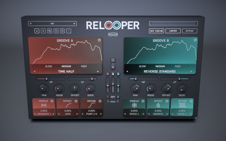 A digital audio plugin interface featuring two groove sections labeled 'Groove A' and 'Groove B', with various controls for effects, motion, and profile adjustments, alongside visual waveforms representing audio. The layout includes buttons for settings like 'slow', 'medium', and 'fast', along with options for mixing and output controls.