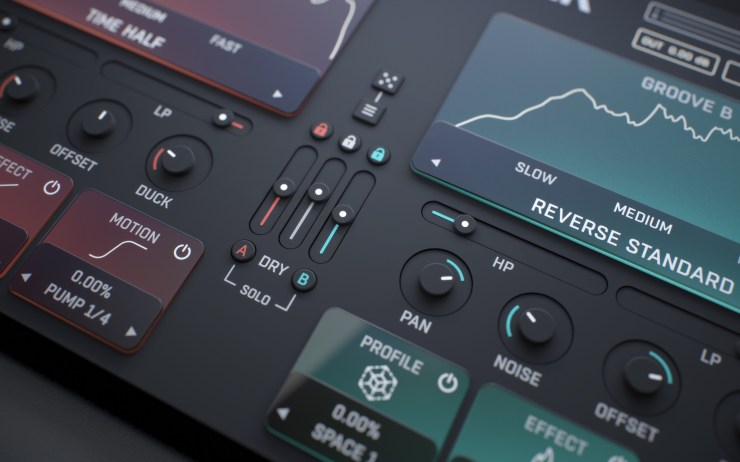 Close-up of an audio mixer interface featuring knobs and sliders for various sound settings like dry/wet ratio, pan, and effect controls.