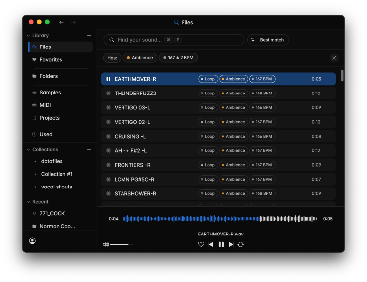 Screenshot of a sound library interface displaying various audio files labeled with names, looping options, ambiance categories, and BPM settings.
