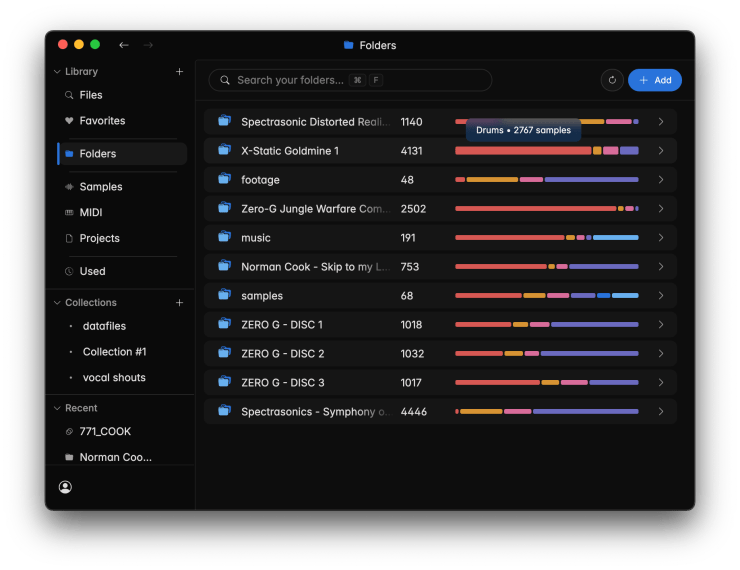 Screenshot of a digital file management interface showcasing various folders and samples, including names like 'Spectrasonic Distorted Reality', 'X-Static Goldmine', and 'Norman Cook - Skip to my Lou'.