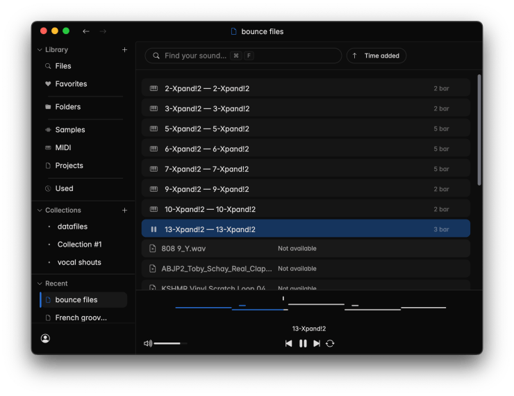 Screenshot of a music production software interface showing a list of bounce files with playback options and file details.