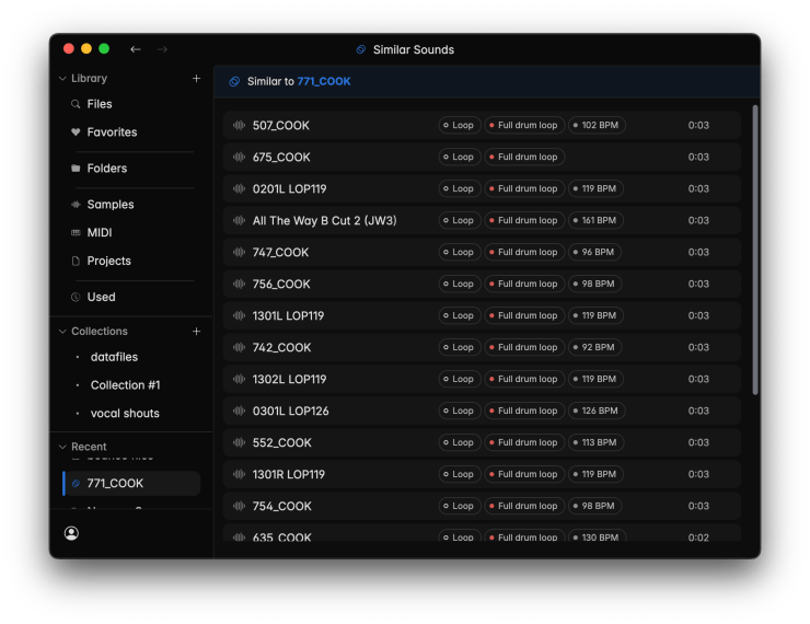 Screenshot of a music production software interface displaying a list of sounds similar to '771_COOK', including details like loop type and BPM.