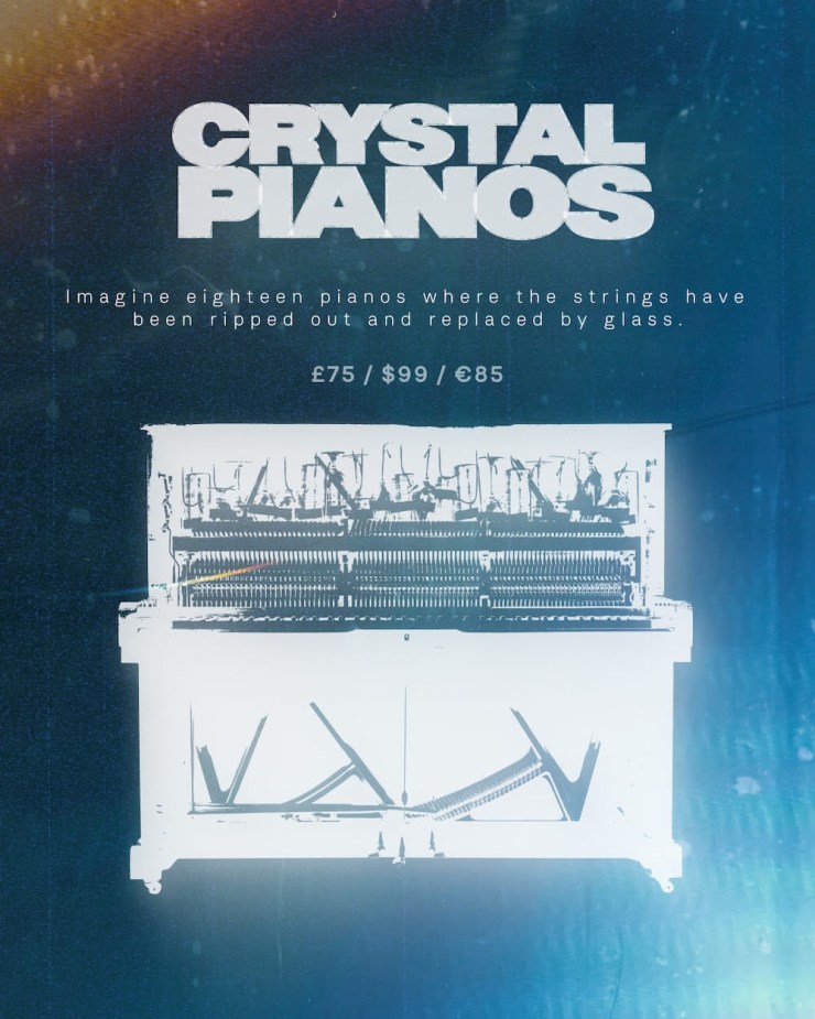 A graphic promoting 'Crystal Pianos,' featuring a stylized image of a piano with strings replaced by glass, and text detailing the concept and prices.