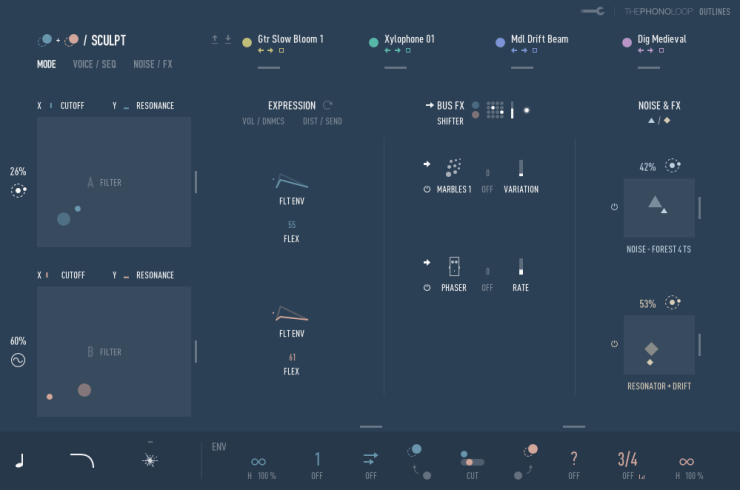 User interface of a sound synthesis software featuring controls for filters, modulation, expression settings, and effects.