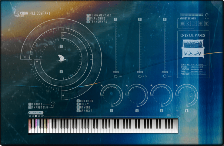 User interface for a digital music software featuring various controls and a keyboard, labeled with sections like 'Drones', 'Sub Bass', 'Delay', 'Reverb', and 'Sparkle'.