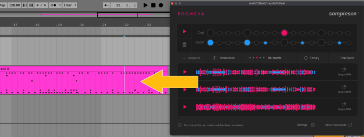 A music production software interface showing a timeline with a highlighted audio track in pink and a plugin window labeled 'BOOMCHA' with options for audio matching and settings.