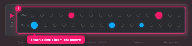 A digital interface displaying a simple music pattern creation tool, featuring circular buttons in pink and blue representing beats labeled 'Cha!' and 'Boom.'