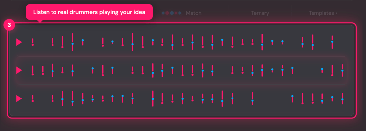 Interface displaying a musical grid with arrows and symbols, suggesting a feature to listen to drum patterns played by real drummers, accompanied by text instructions.