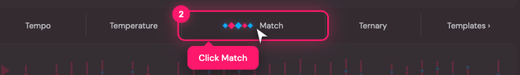 A user interface showing options for adjusting tempo, temperature, and a 'Match' feature, with a mouse cursor hovering over the 'Click Match' button in a vivid design.