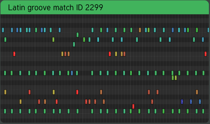 Music production interface showing a Latin groove pattern with various colored blocks representing different beats and rhythms, labeled 'Latin groove match ID 2299'.