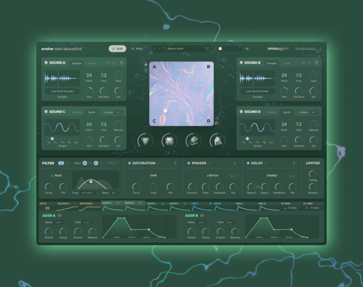 A digital audio workstation interface showcasing the 'Evolve: Nest Acoustics' sound design plugin. The interface includes sections for sound selection, effects such as filter, saturation, phaser, delay, and limiter, along with ADSR envelope settings and modulation options. A central visual display features colorful waveforms, emphasizing sound manipulation tools.