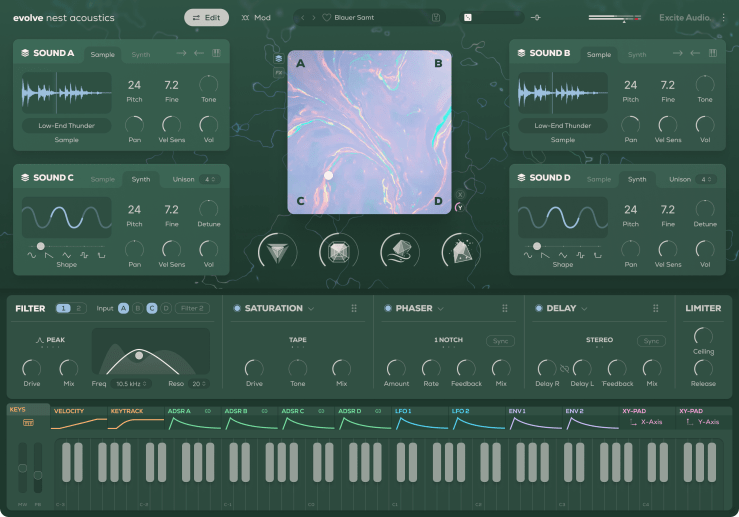 A digital audio workstation interface showcasing various sound modules labeled A, B, C, and D, with controls for pitch, tone, and effects such as filter, saturation, phaser, and delay, alongside a keyboard input section.