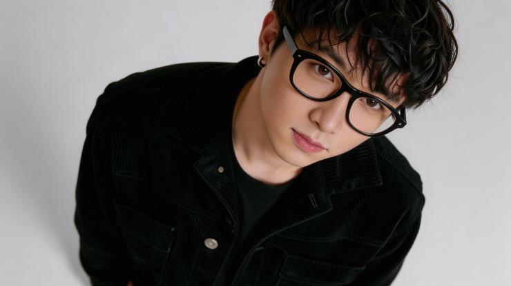 A young person with curly hair wearing black glasses and a black jacket, looking directly at the camera from an elevated angle.