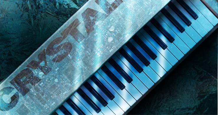 A close-up view of a piano keyboard with a translucent overlay that has the word 'CRYSTAL' printed on it, set against a textured blue background.
