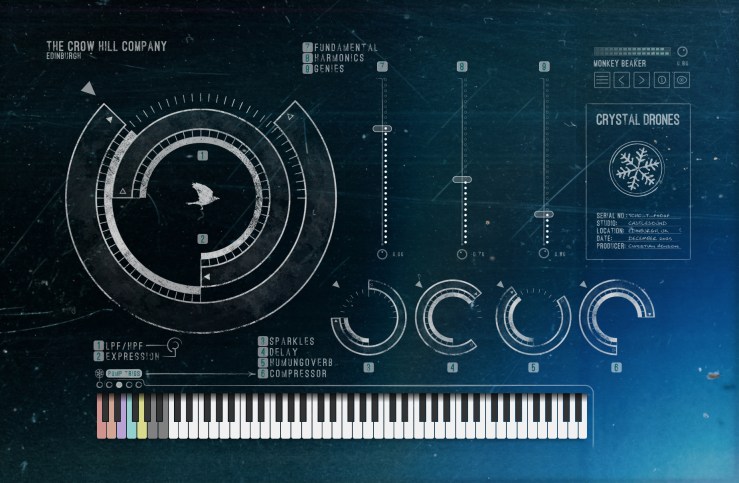 An interface design for a music software application featuring controls for sound manipulation, including knobs and sliders, along with a keyboard at the bottom. The layout includes labels for various audio effects like sparkle and delay, as well as a section titled 'Crystal Drones'.