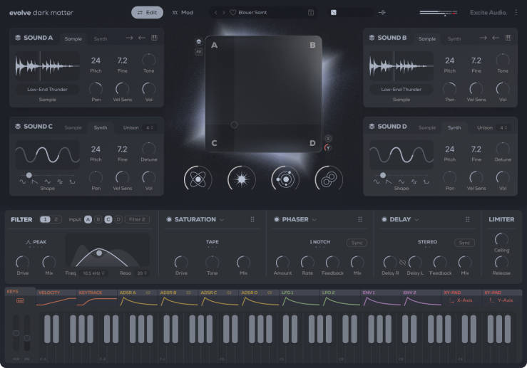 A digital audio plugin interface featuring various sound modulation controls including samples and synth options. Sections for sounds A, B, C, and D with parameters like pitch, pan, and volume. A central XY pad for modulation, and additional controls for filter, saturation, phaser, delay, and limiter. Keyboard interface at the bottom for input.