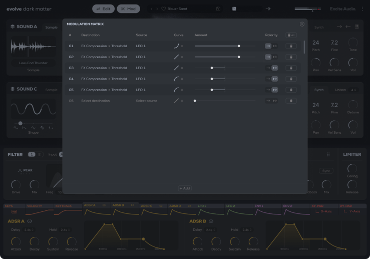 Interface of the Evolve Dark Matter audio software showing the modulation matrix with various options for adjusting FX compression parameters using LFO 1.