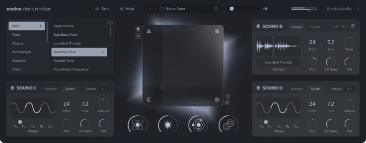 Interface of the Evolve Dark Matter audio software, featuring a sound selection menu, sound wave visualizations, and adjustable parameters for pitch, fine tuning, and other audio controls.