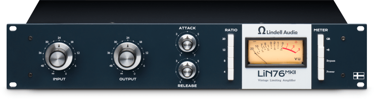 A Lindell Audio LiN76 MKII vintage limiting amplifier with knobs for input, output, attack, release, and a VU meter.